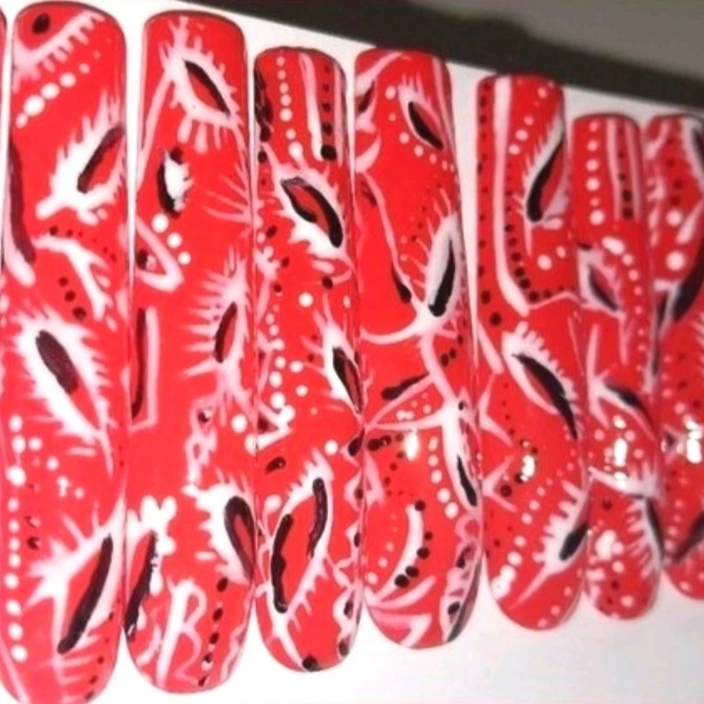 Hand crafted custom Red paisley bandanna 10pc 3xl acrylic press on nails Sz Sm